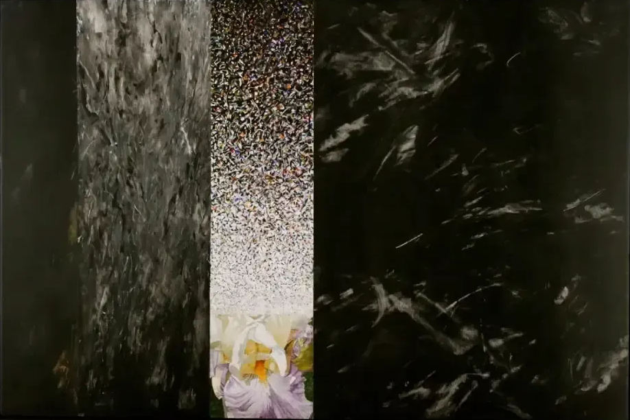 Dark abstract scene with a narrow bright center and yellow-white flowers at the bottom