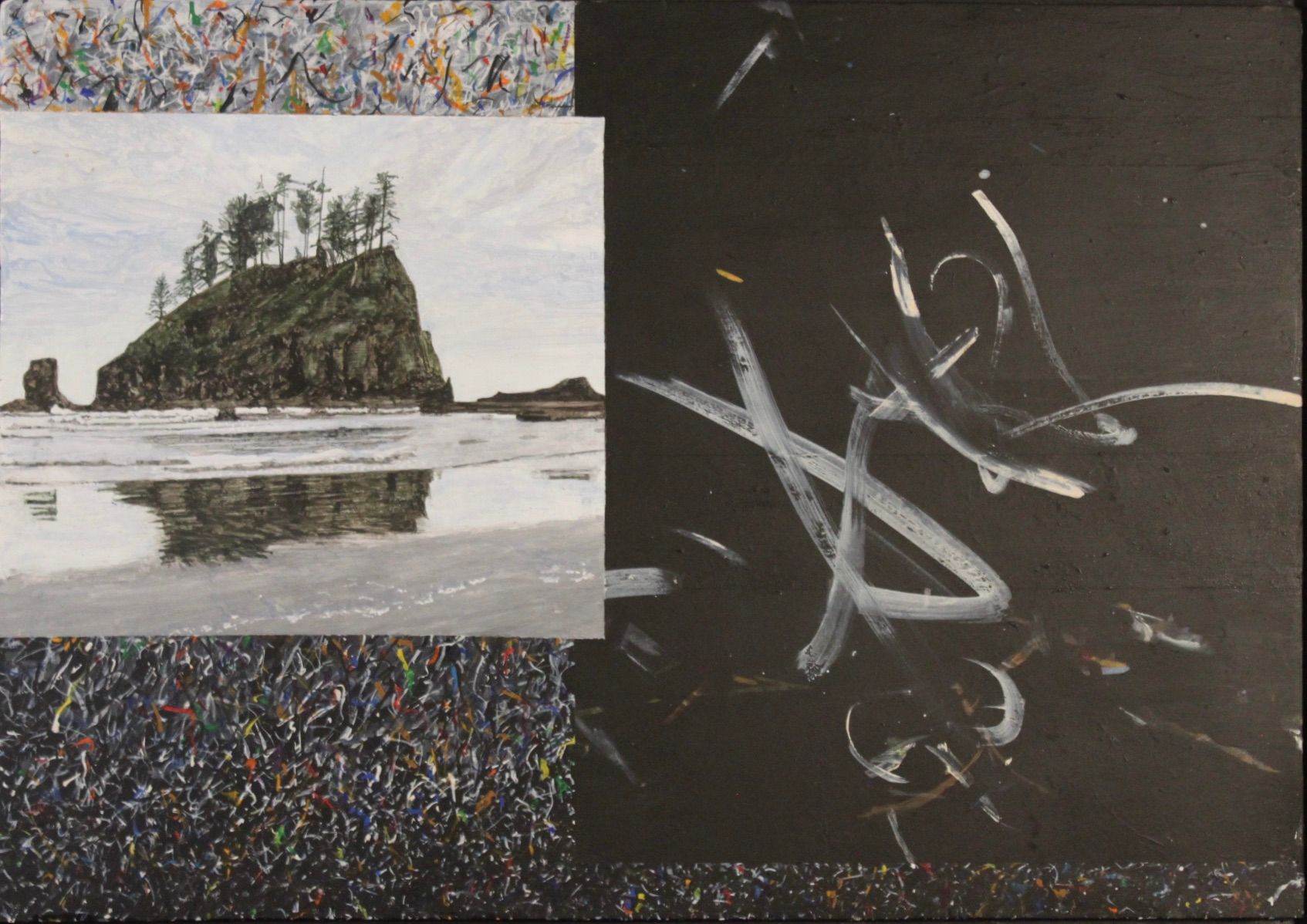 Black canvas with white abstract strokes beside a small island painting reflected in calm water