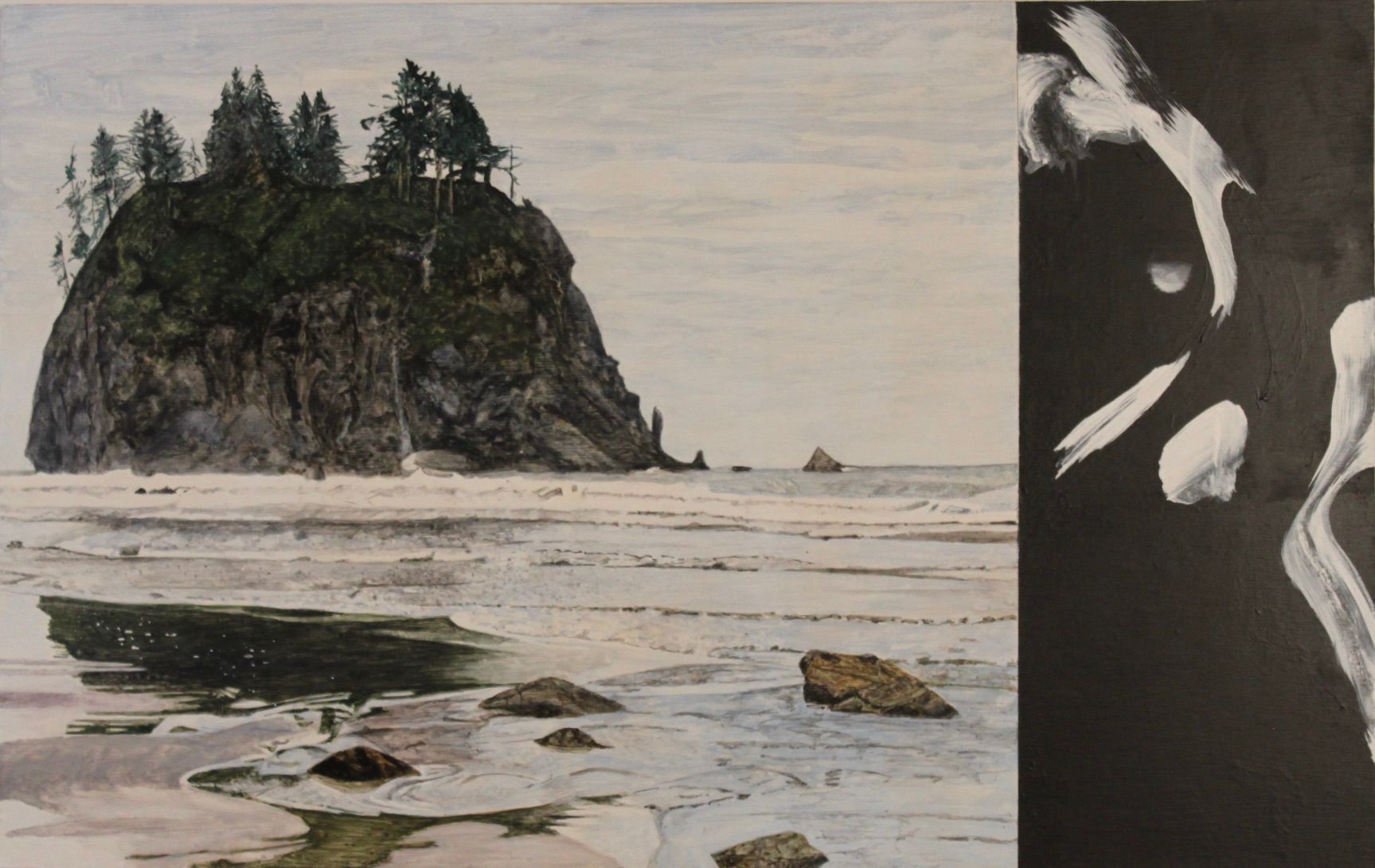 Rocky island in a calm sea beside a black-and-white abstract figure painting