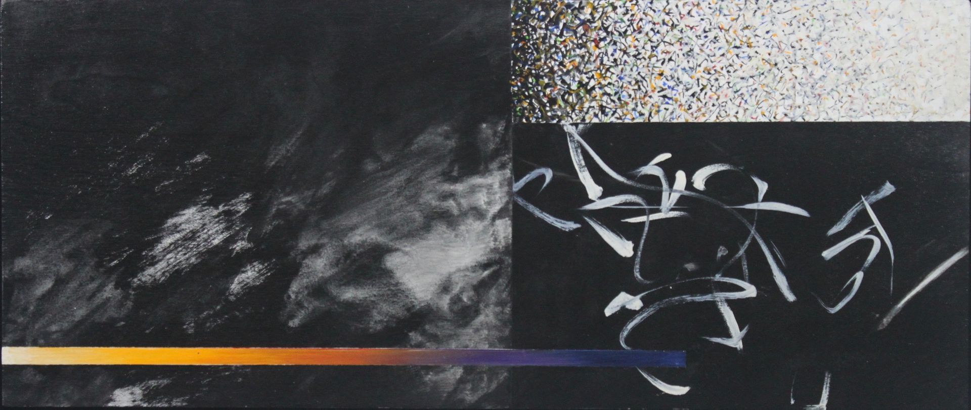 Dark abstract scene with black-and-white textures, yellow speckles, and white scribble-like lines on the right.