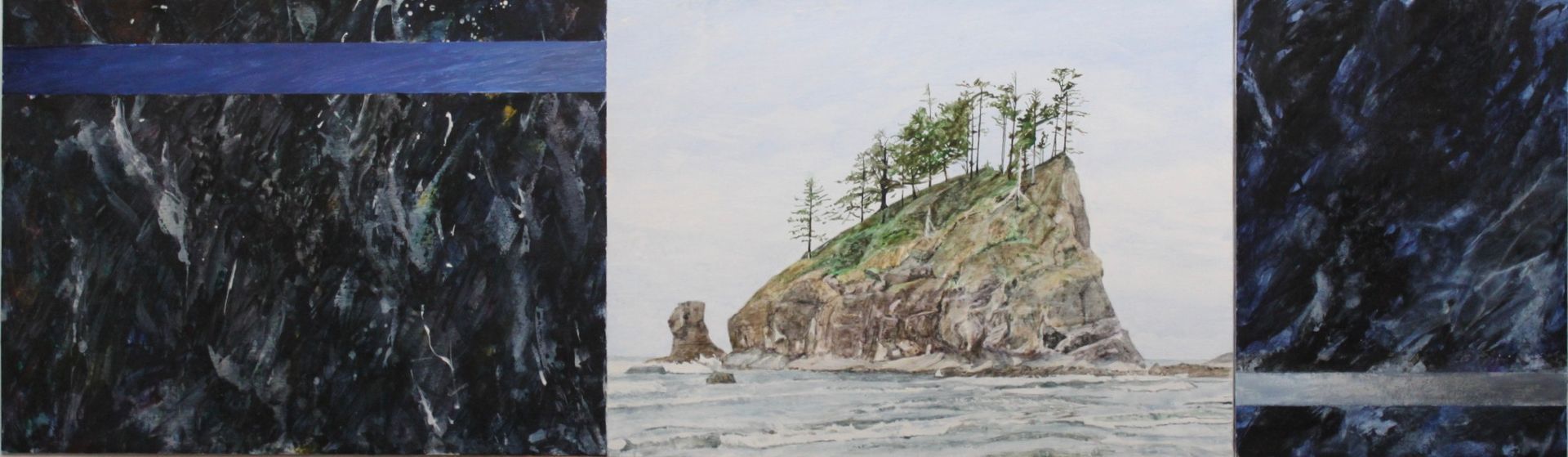 Small rocky island with sparse trees in a gray, choppy sea, framed by dark abstract panels