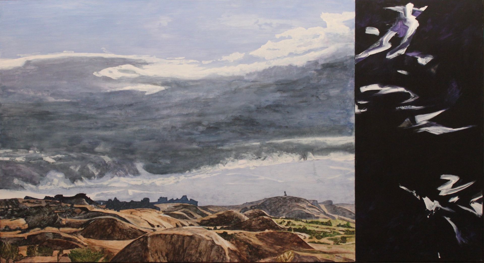 Mountain valley landscape with river, cloudy sky, and dark abstract floral pattern on the right edge
