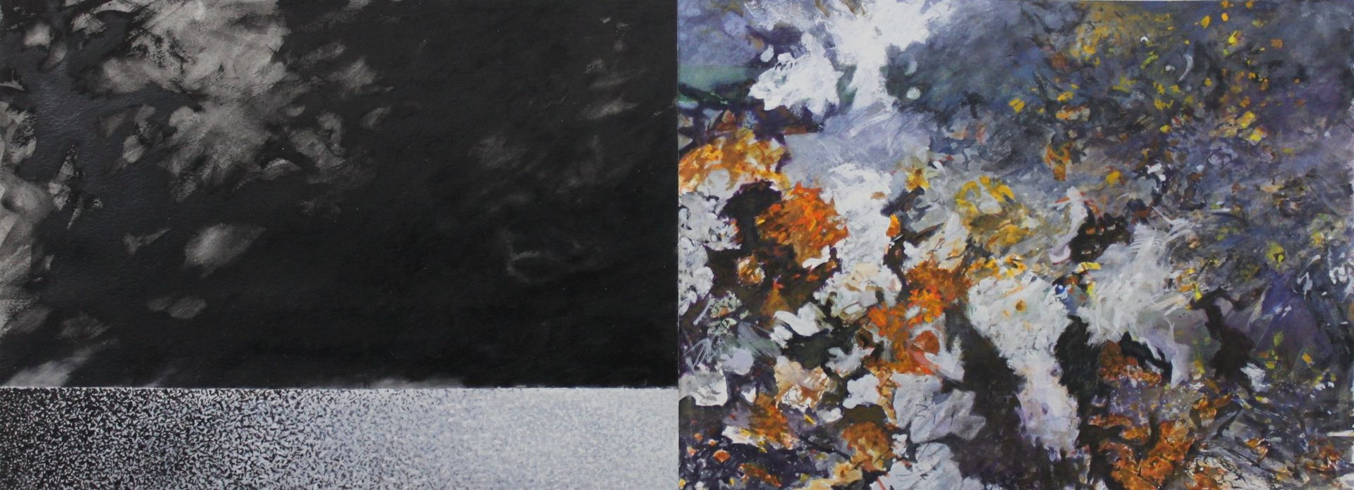 Abstract split image: dark textured left side and colorful orange-gray leaf-like pattern on the right