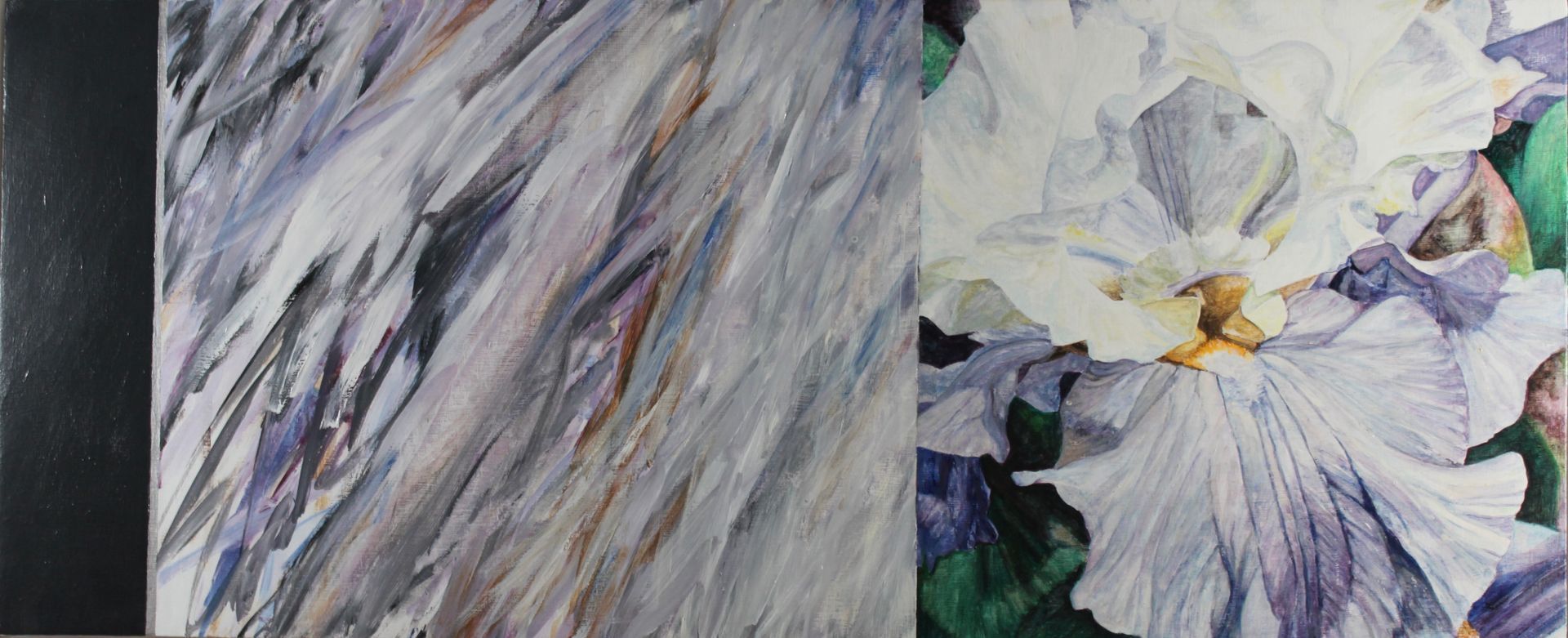 Abstract painting with gray strokes and a white flower with yellow center on the right