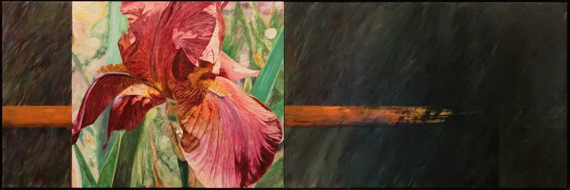 Abstract painting of a pink and red flower against a dark background with an orange horizontal line