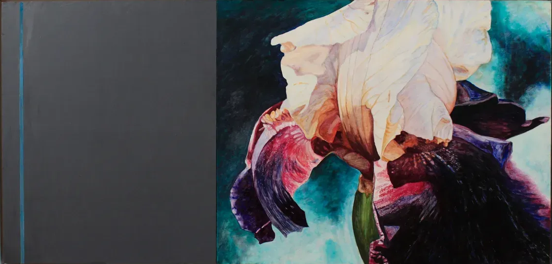 Abstract painting with dark and teal background and a pale pink-and-white flower on the right
