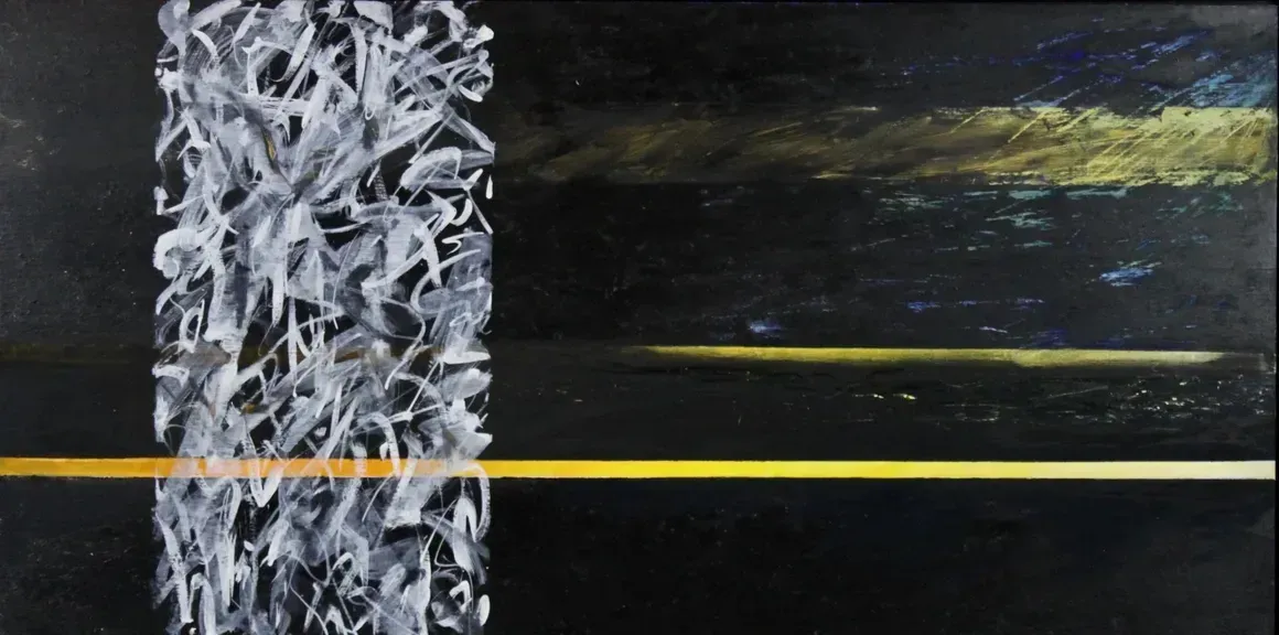 Abstract black and gray painting with a vertical textured white strip and a thin yellow line across the center