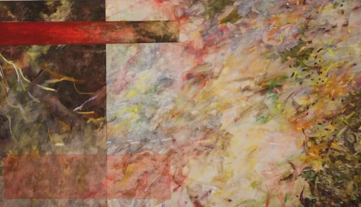 Abstract painting with red, gold, and gray textured brushstrokes and a bright white center