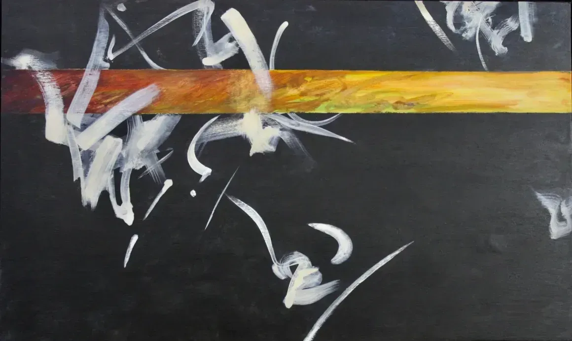 Abstract black canvas with white brushstrokes and a horizontal orange-yellow band near the top