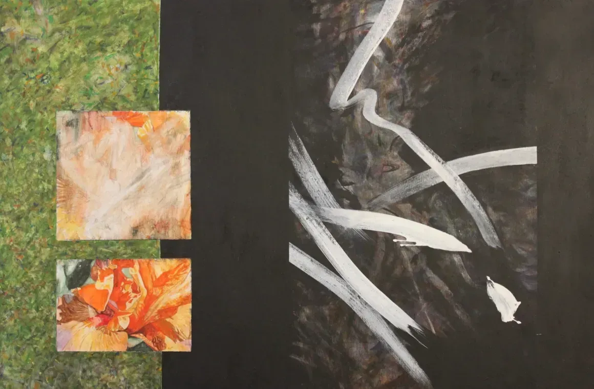 Abstract painting with black and white brushstrokes beside two small orange-green textured squares