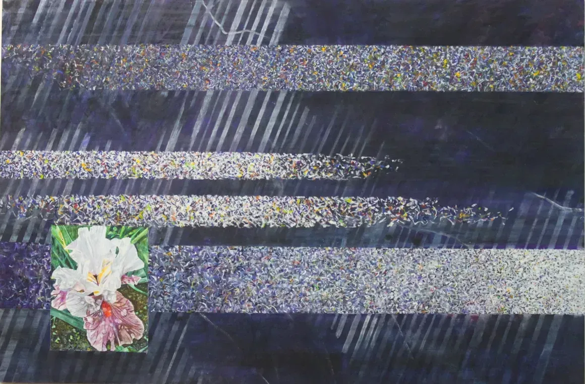 Glitched TV static with horizontal noise bands and a small flower image in the lower left corner