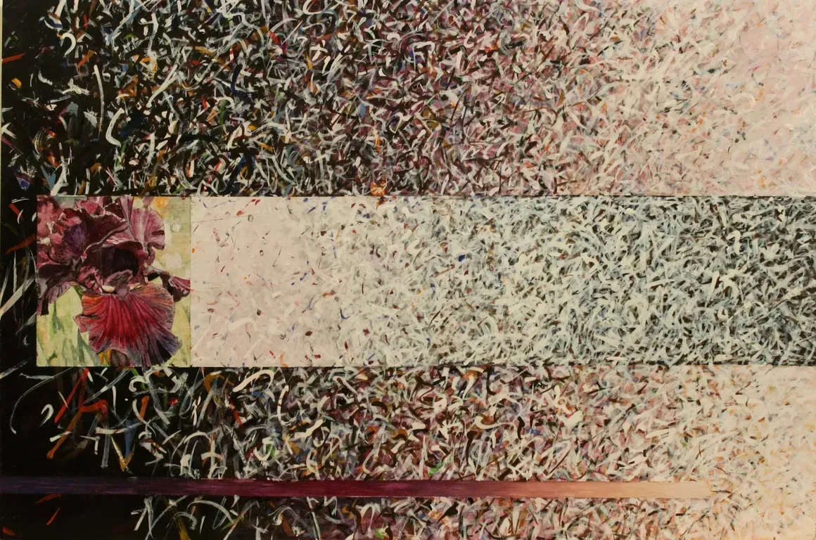 Textured abstract artwork with beige and brown speckled bands and a small red flower on the left