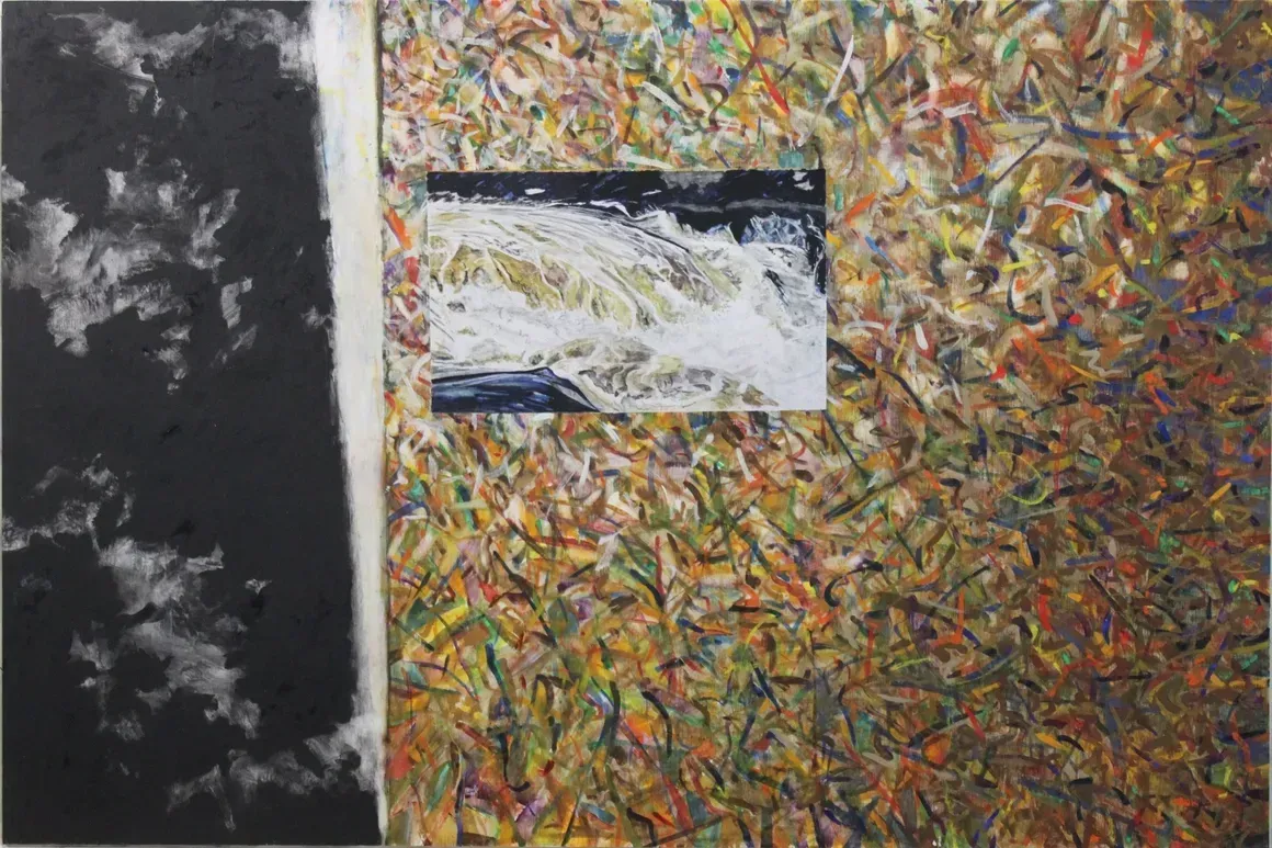 Abstract painting with a dark left panel, colorful textured right side, and a small white center rectangle