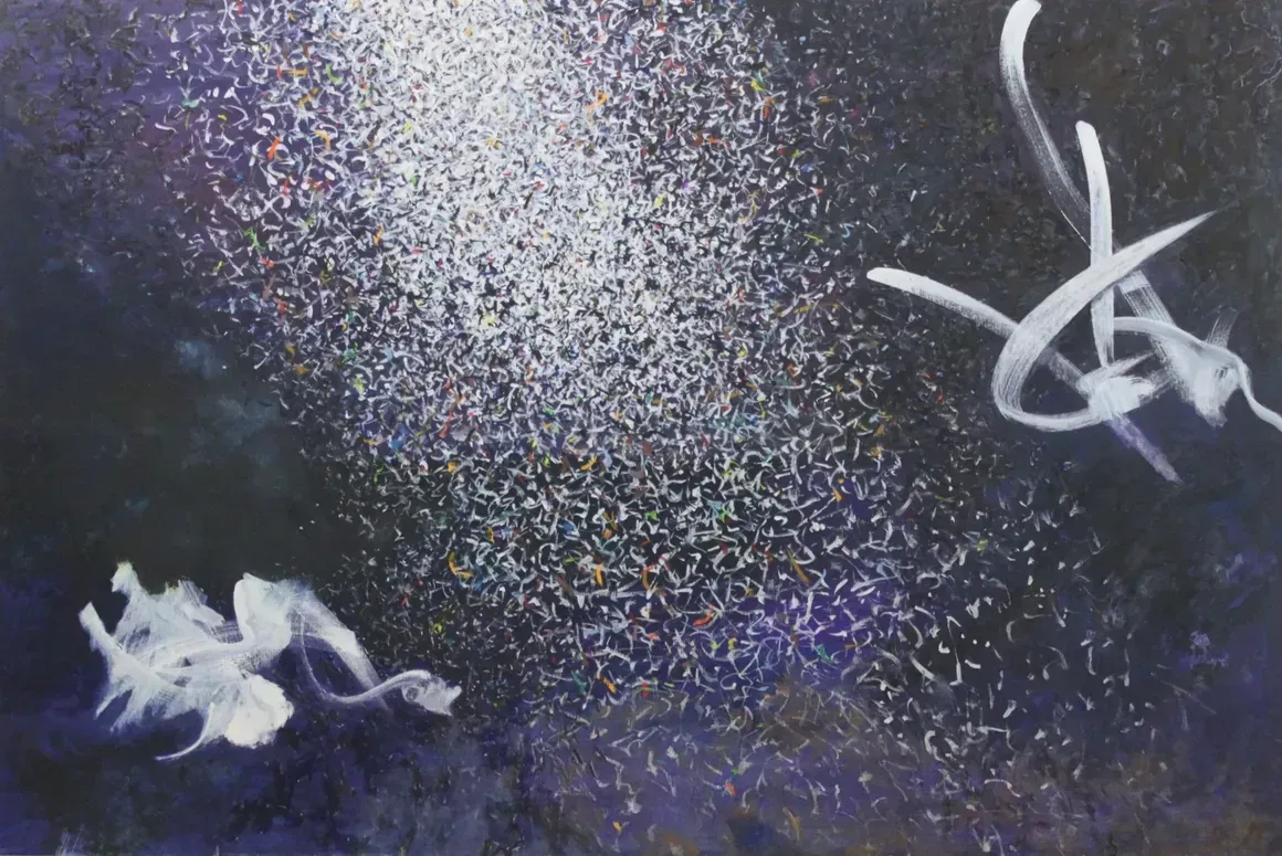 Abstract dark purple painting with white floral shapes and a bright speckled arc across the center