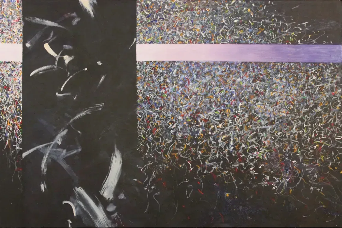 Abstract painting with a dark vertical shape and a multicolored textured field under a pale purple band