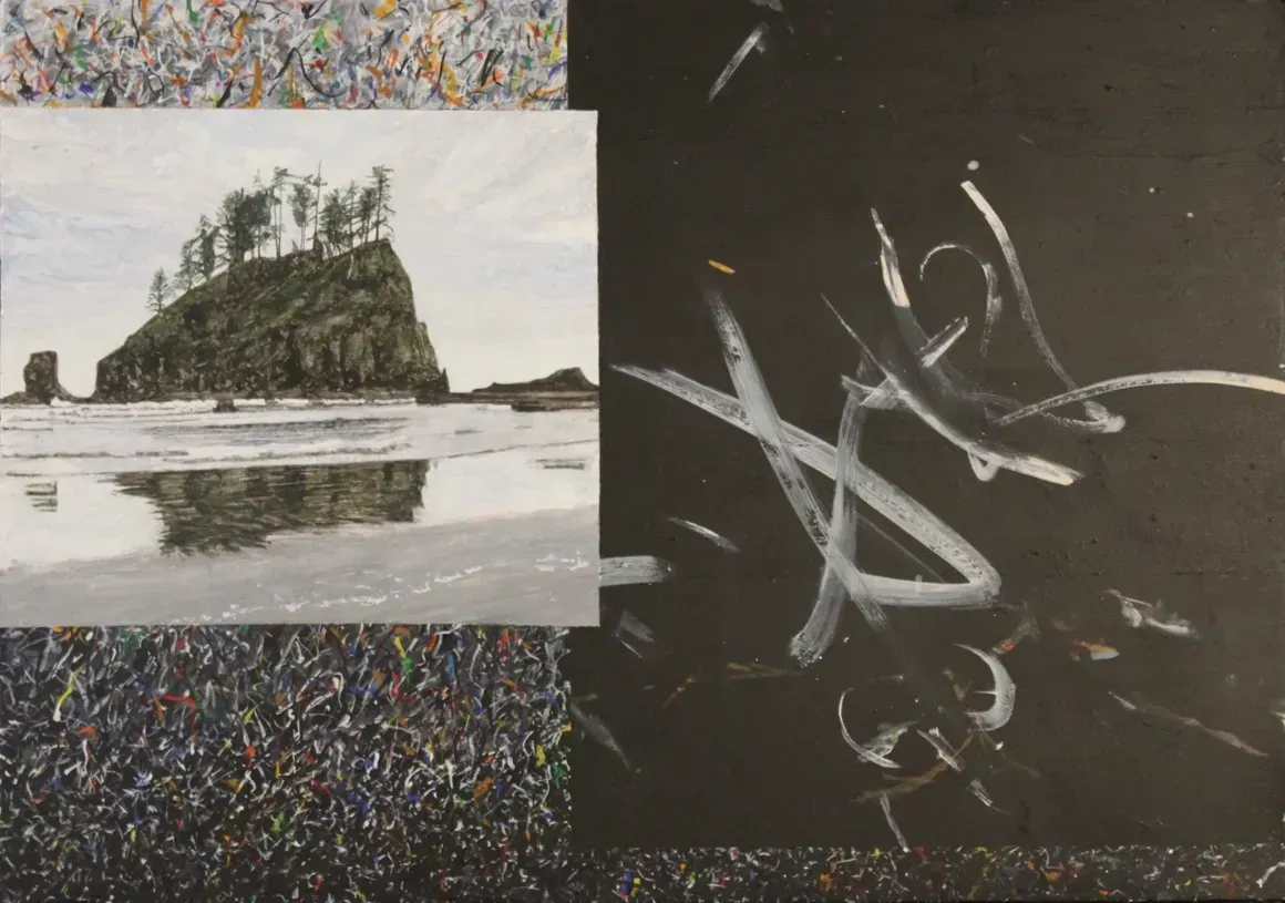 Abstract collage with a rocky islet on a calm shore and white chalk-like scribbles on a dark background