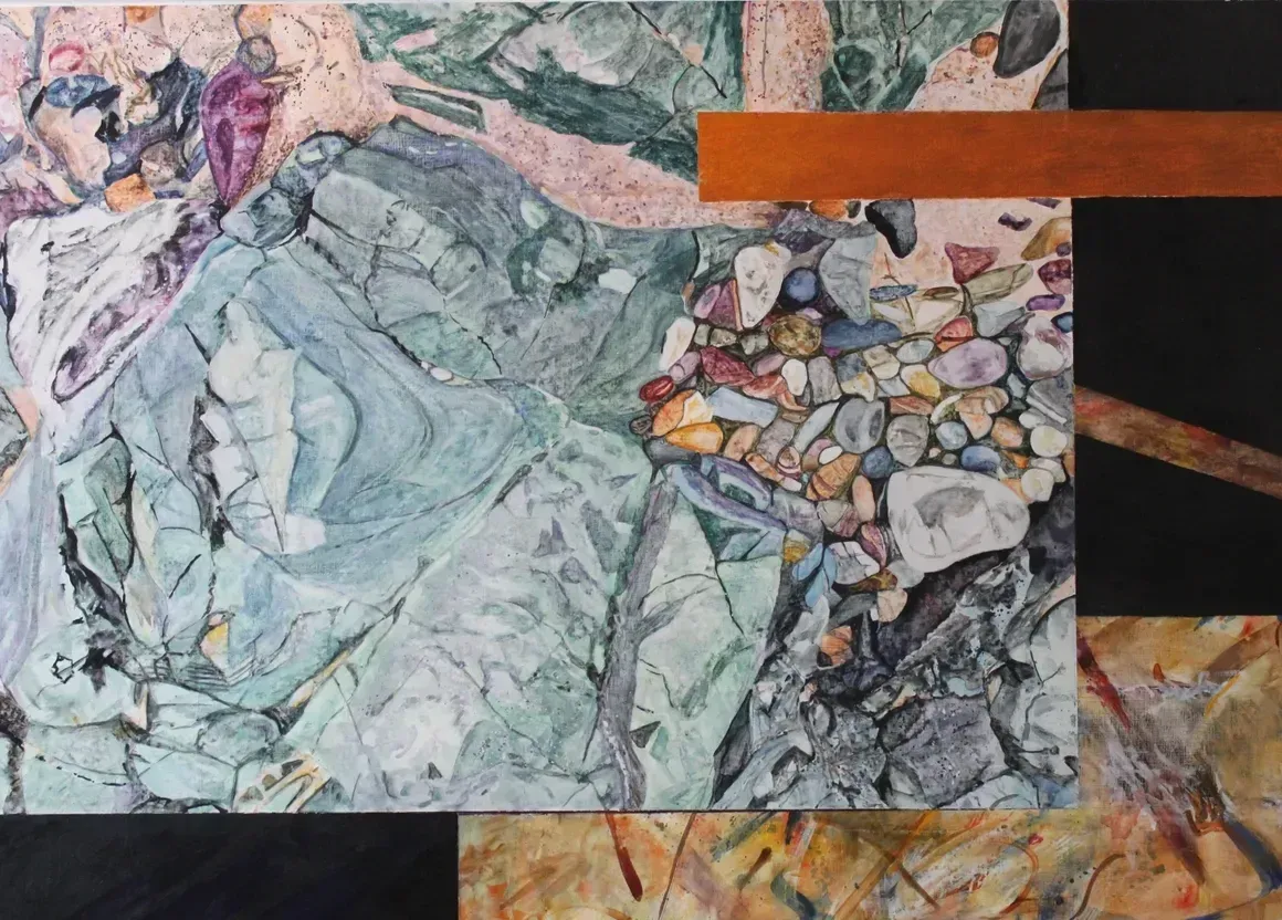Abstract collage with pastel greens, pinks, and orange bands over layered geometric textures