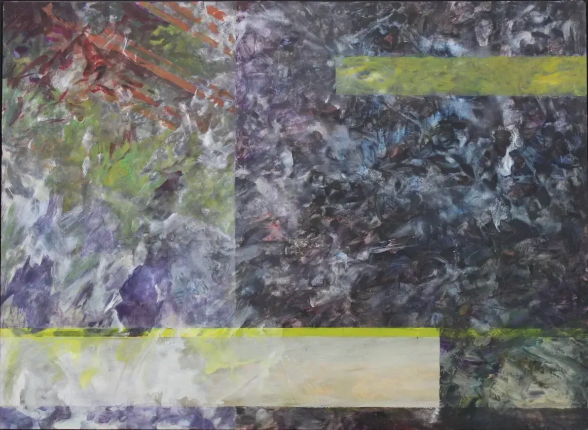 Abstract textured painting with dark blue, gray, green, and yellow blocks