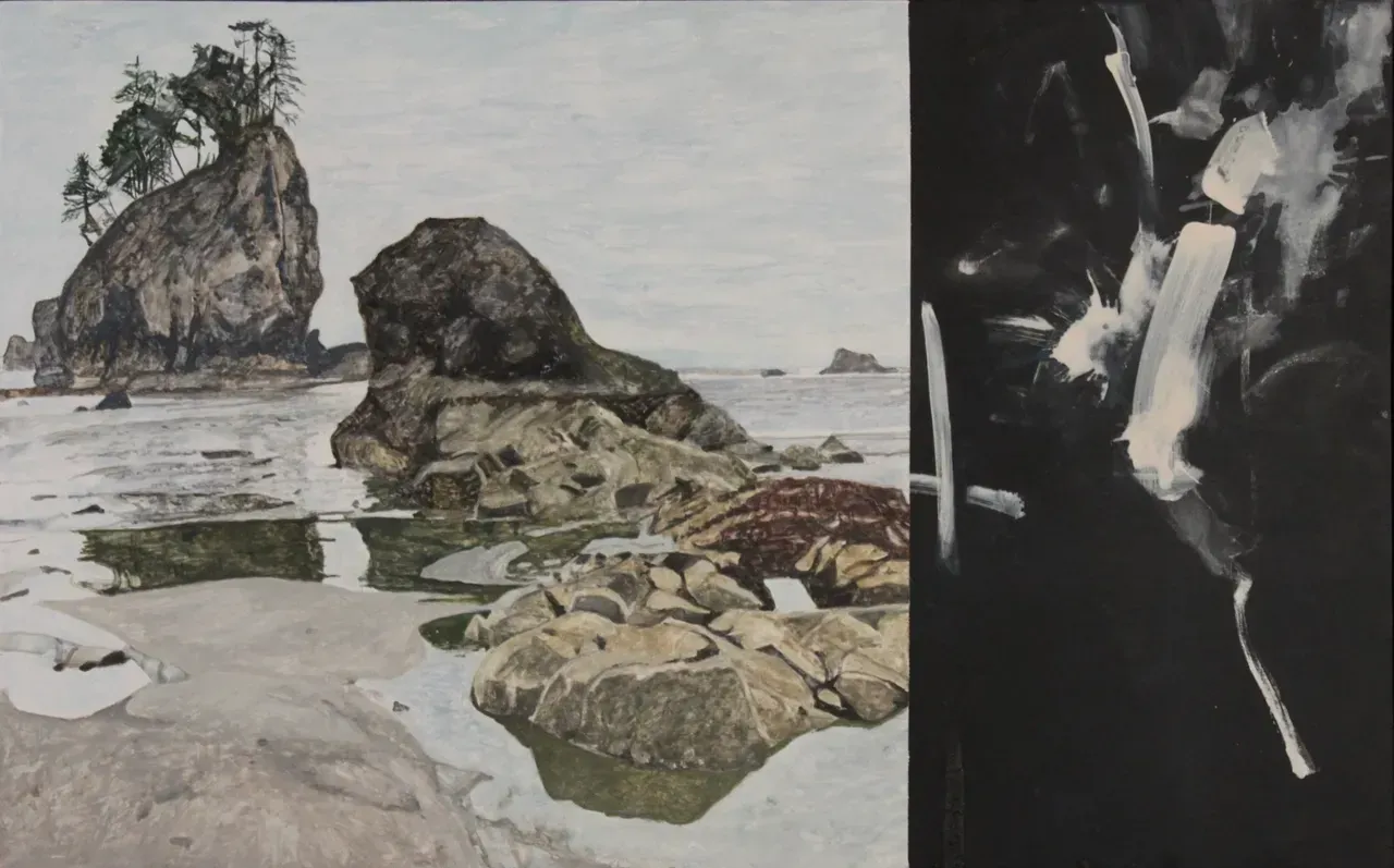 Rocky sea stacks on a pale beach beside a dark, high-contrast abstract shape.