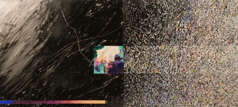 Abstract split image: dark textured left side, speckled gray right side, with a small colorful square in the center