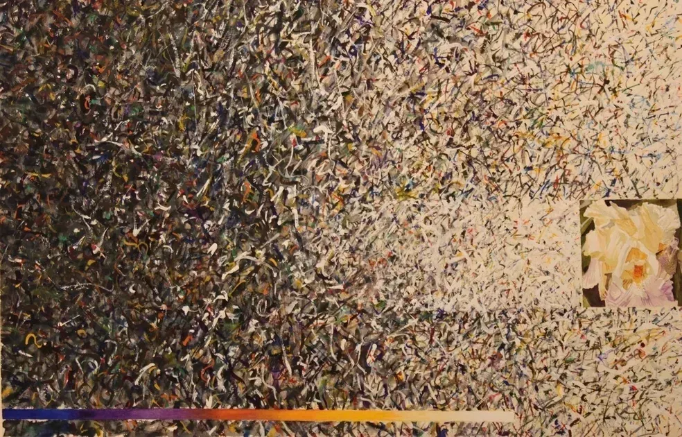 Abstract multicolored mosaic with a small beige and pink figure on the right edge