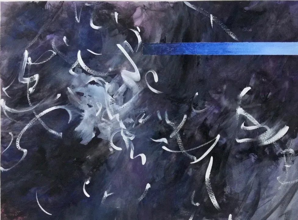 Abstract dark painting with white swirls and a blue horizontal streak