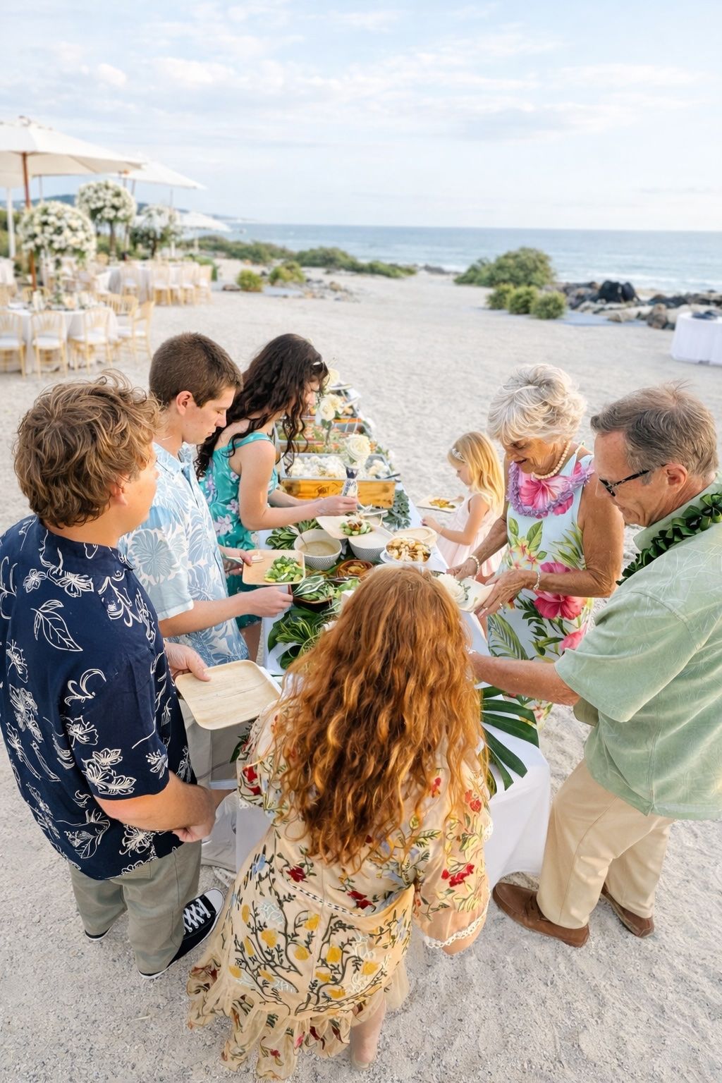 People gathered around a table on a sunny beach, sharing a meal near the water.