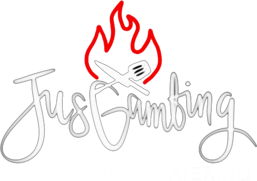 Stylized “Just Grilling” text with a red flame and gray spatula above the lettering