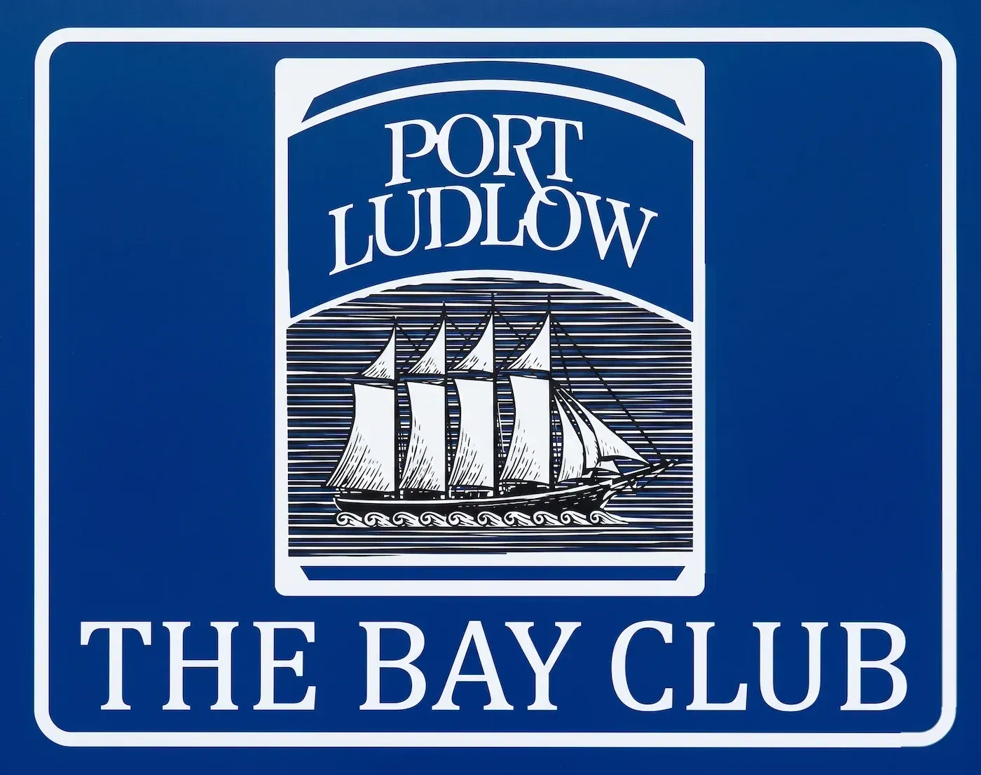 Home Port Ludlow Bay Club logo: blue sign with white sailboat and text