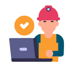 Trabajador de la construcción con computadora portátil y un icono de marca de verificación.