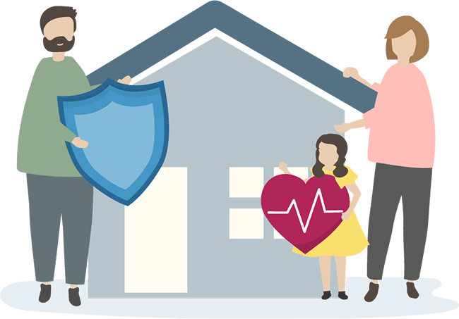 Una familia se encuentra frente a una casa, sosteniendo un escudo y un corazón con una línea de ECG.