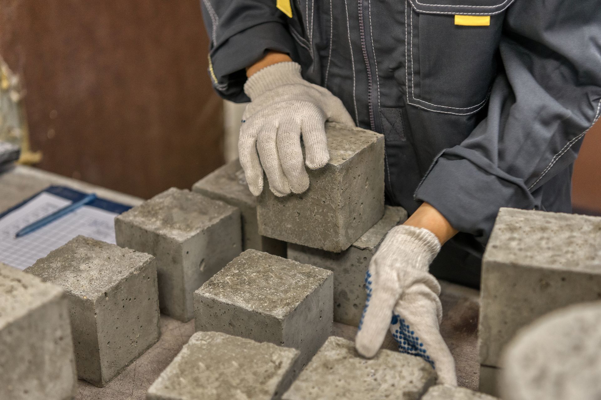 Person in work gloves arranging concrete cubes on a table for testing.