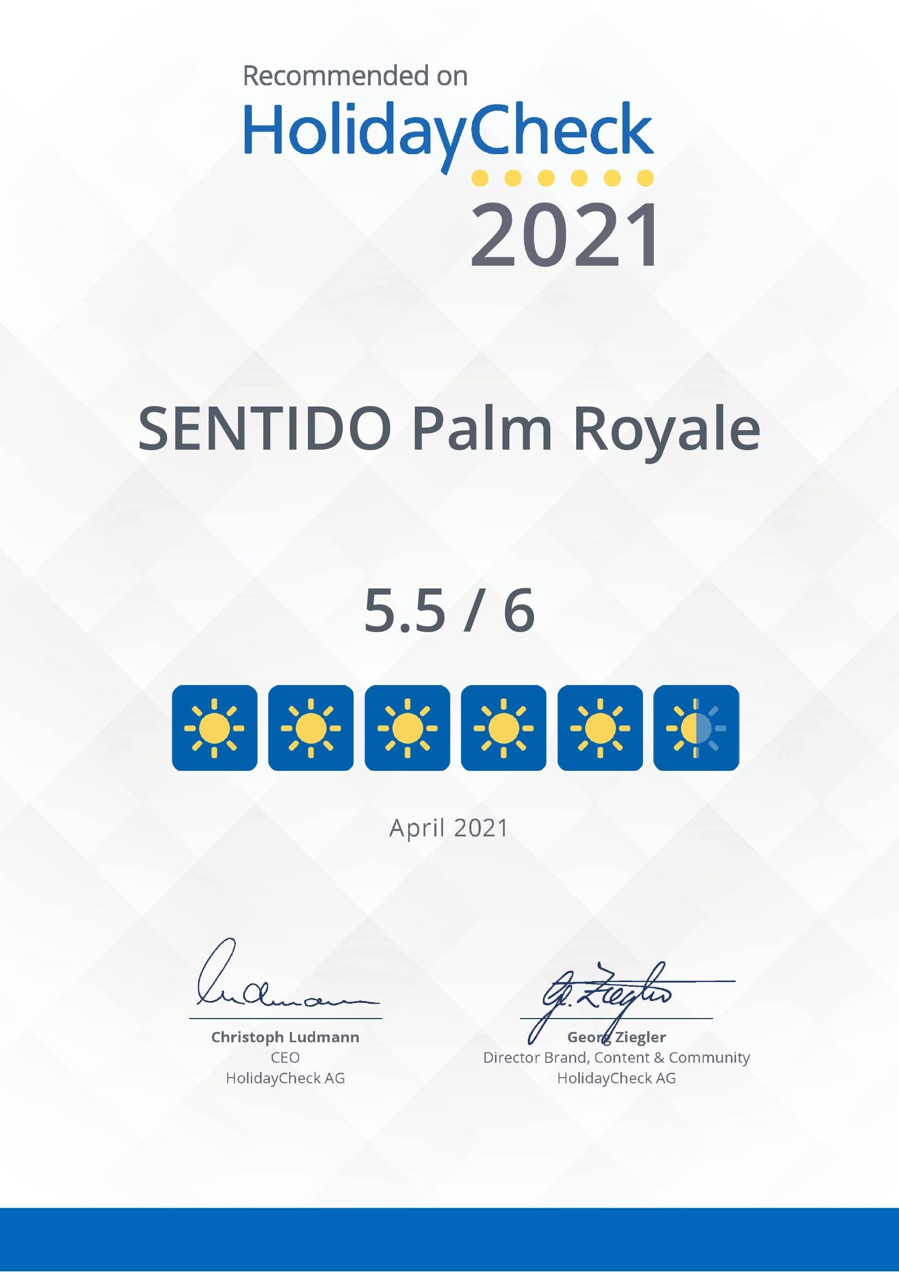Holidaycheck Award of  Palm Royale Resort
