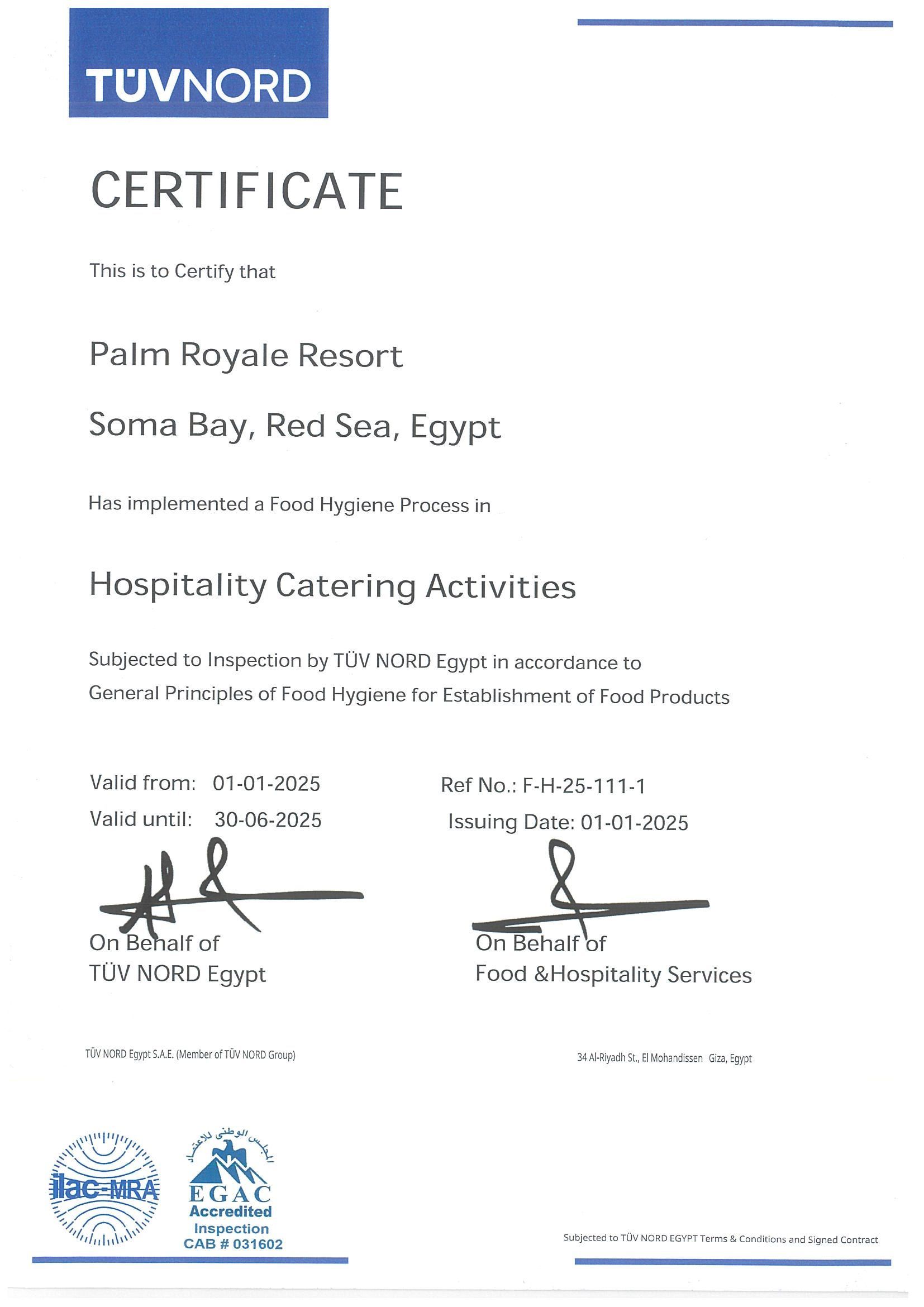 Quality and safety certificate TÜV Nord 2025 for Palm Royale Resort