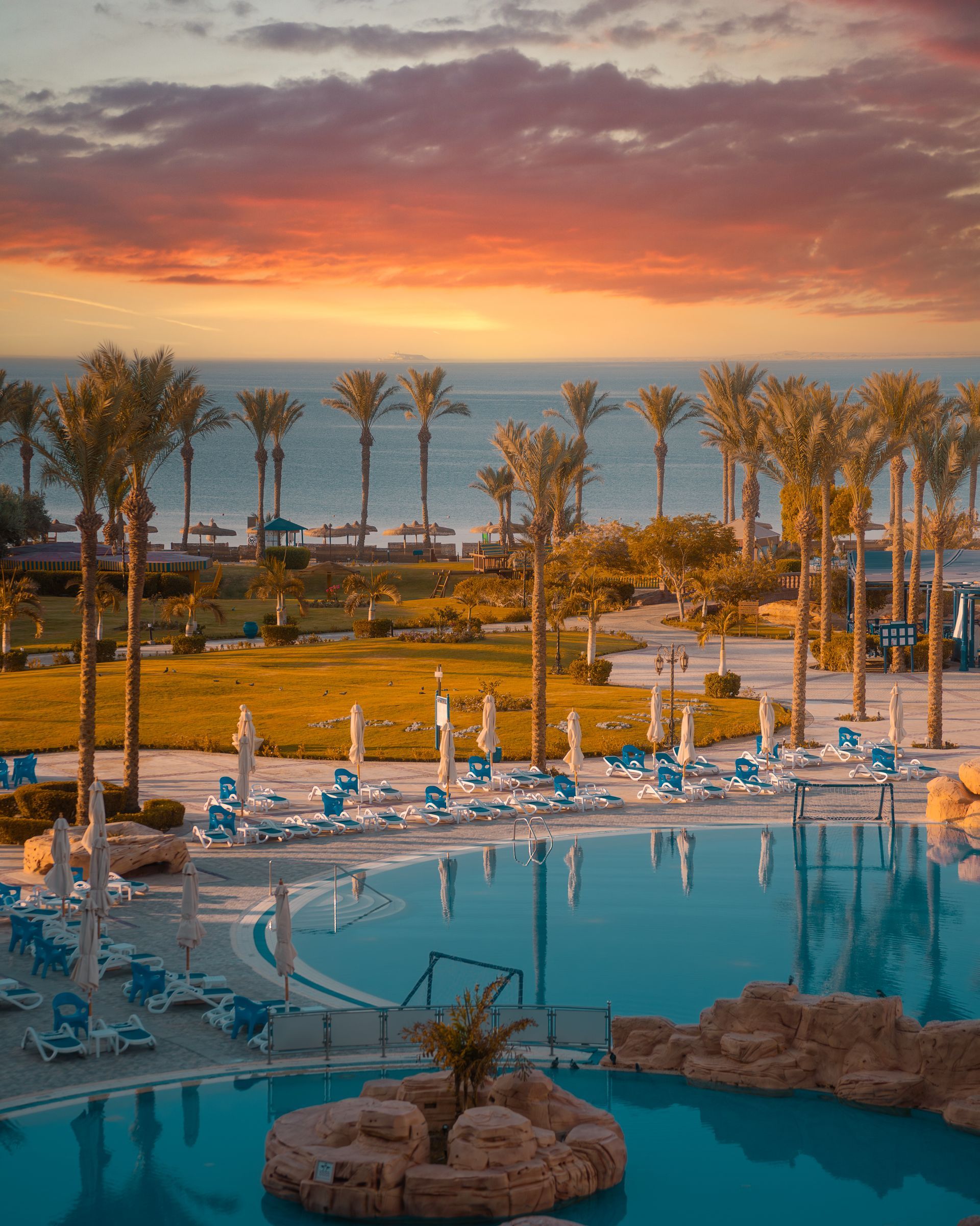 An aerial view of a large swimming pool surrounded by palm trees and chairs.