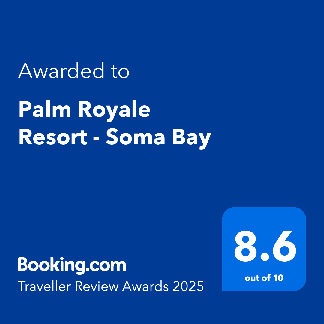 A blue sticker that says `` awarded to palm royale resort - soma bay ''