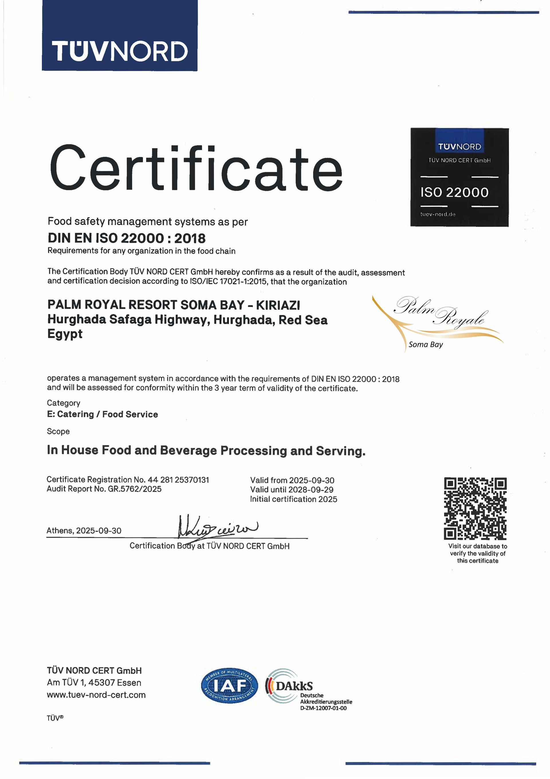 ISO 22000 certificate awarded to Palm Royale Resort for food safety standards