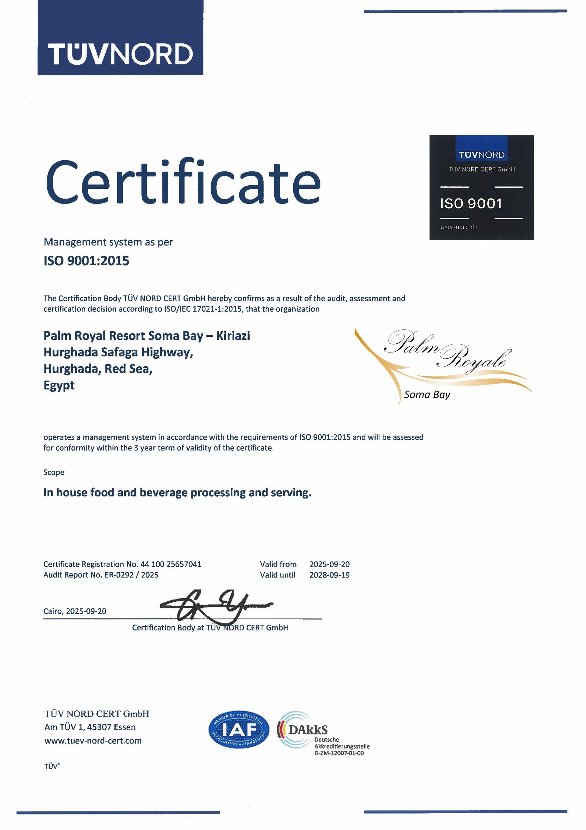 ISO 9001 certificate awarded to Palm Royale Resort for quality management standards