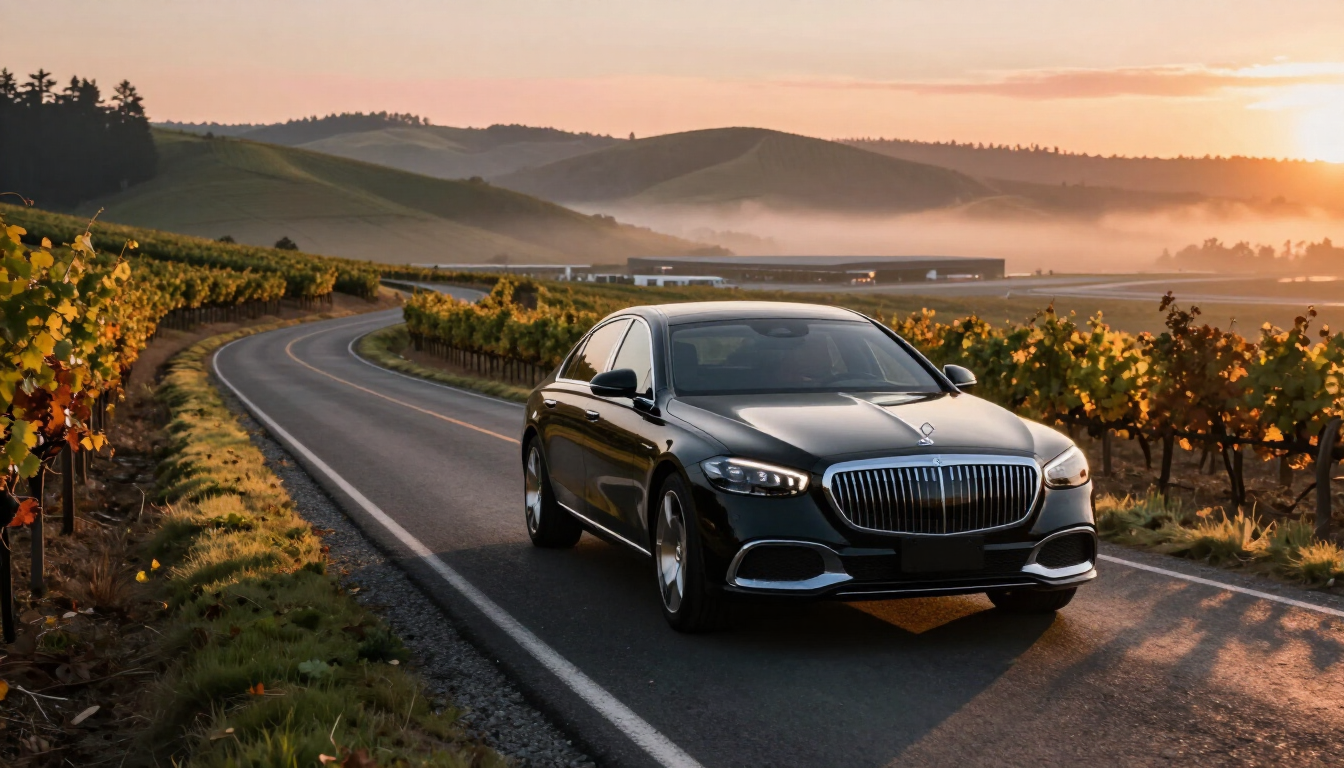 Luxury limousine driving toward the airport at sunrise in the North Bay.