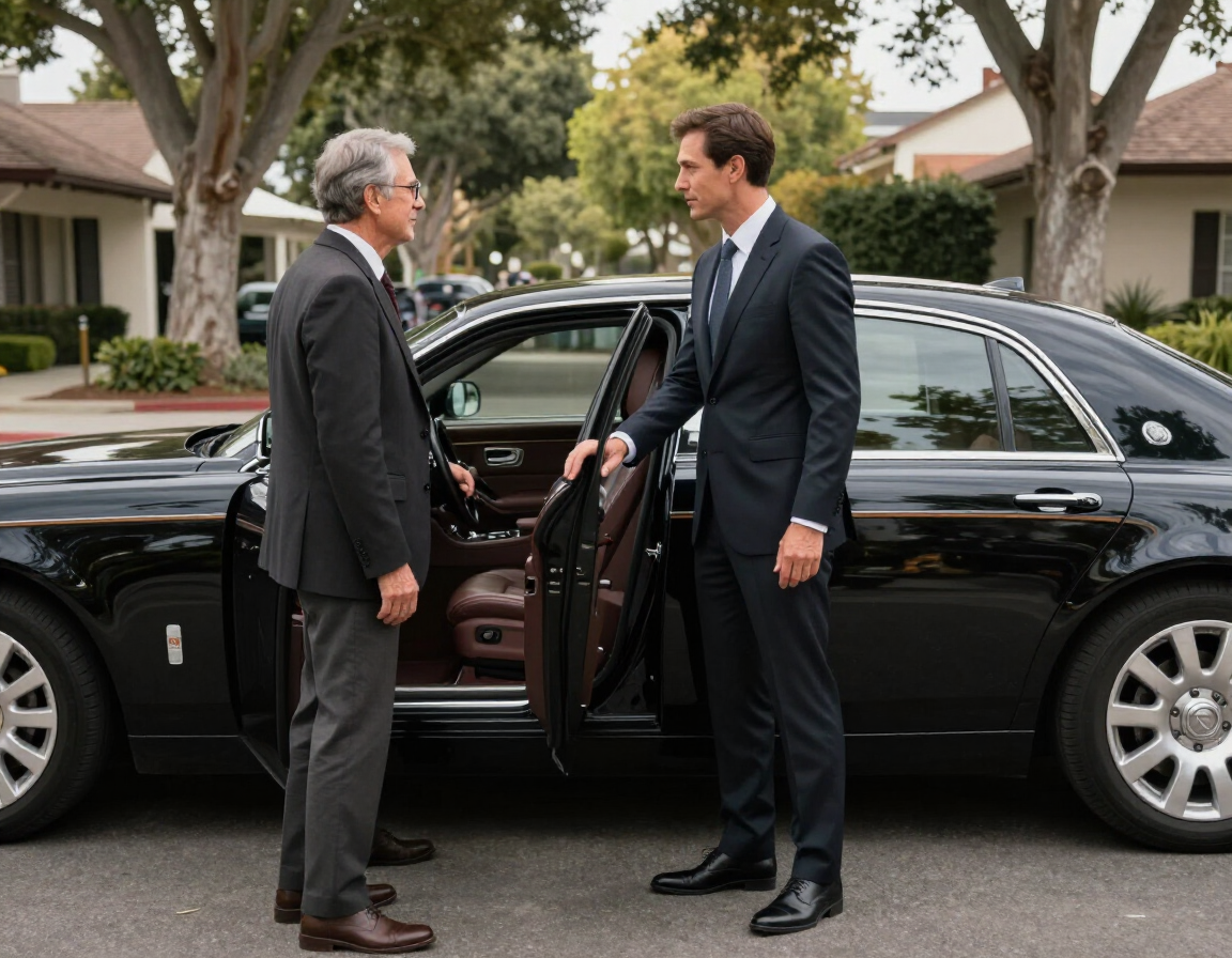 Professional chauffeur assisting passengers beside a luxury vehicle