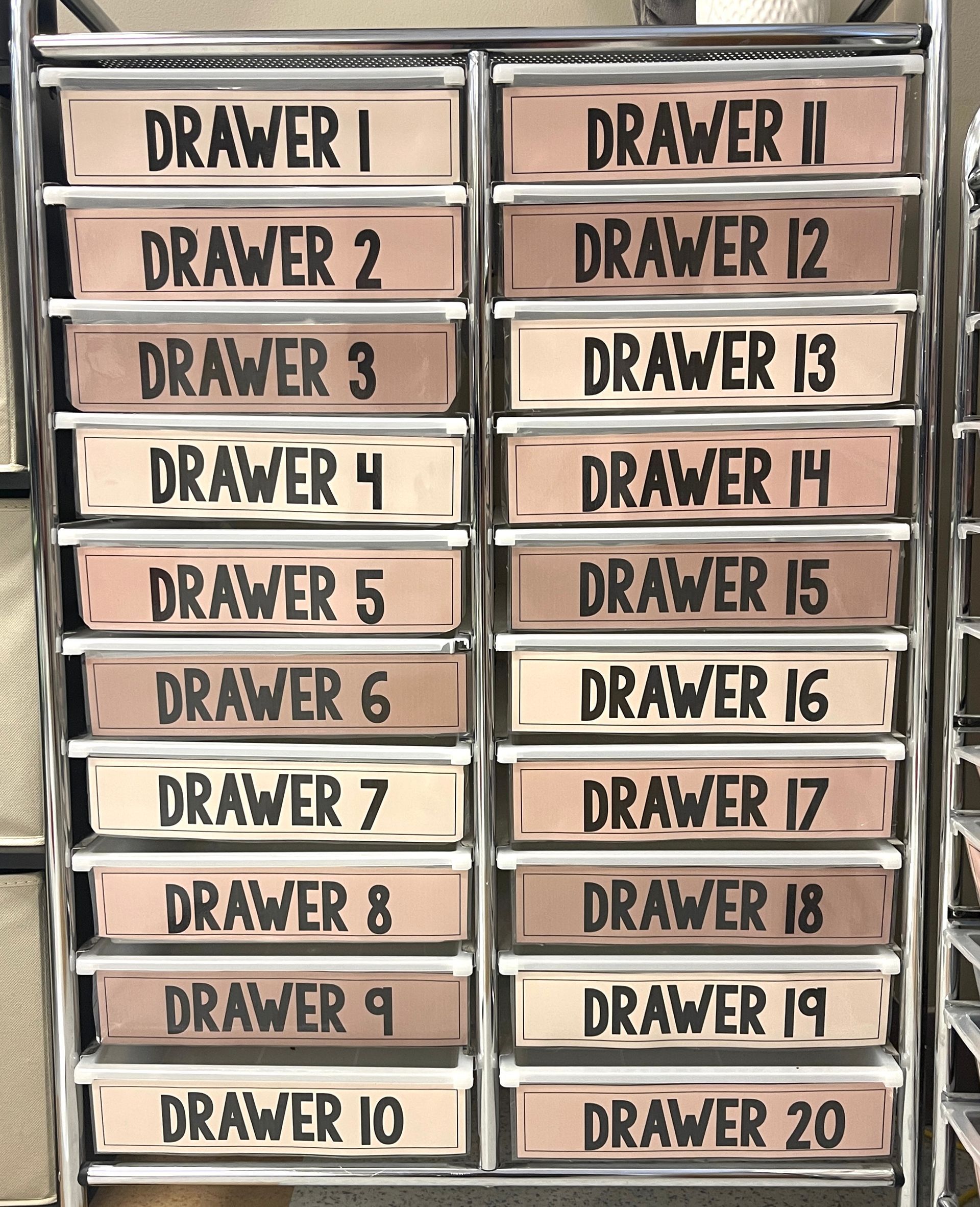 20 Drawer Rolling Cart Labeled with drawer 1-20