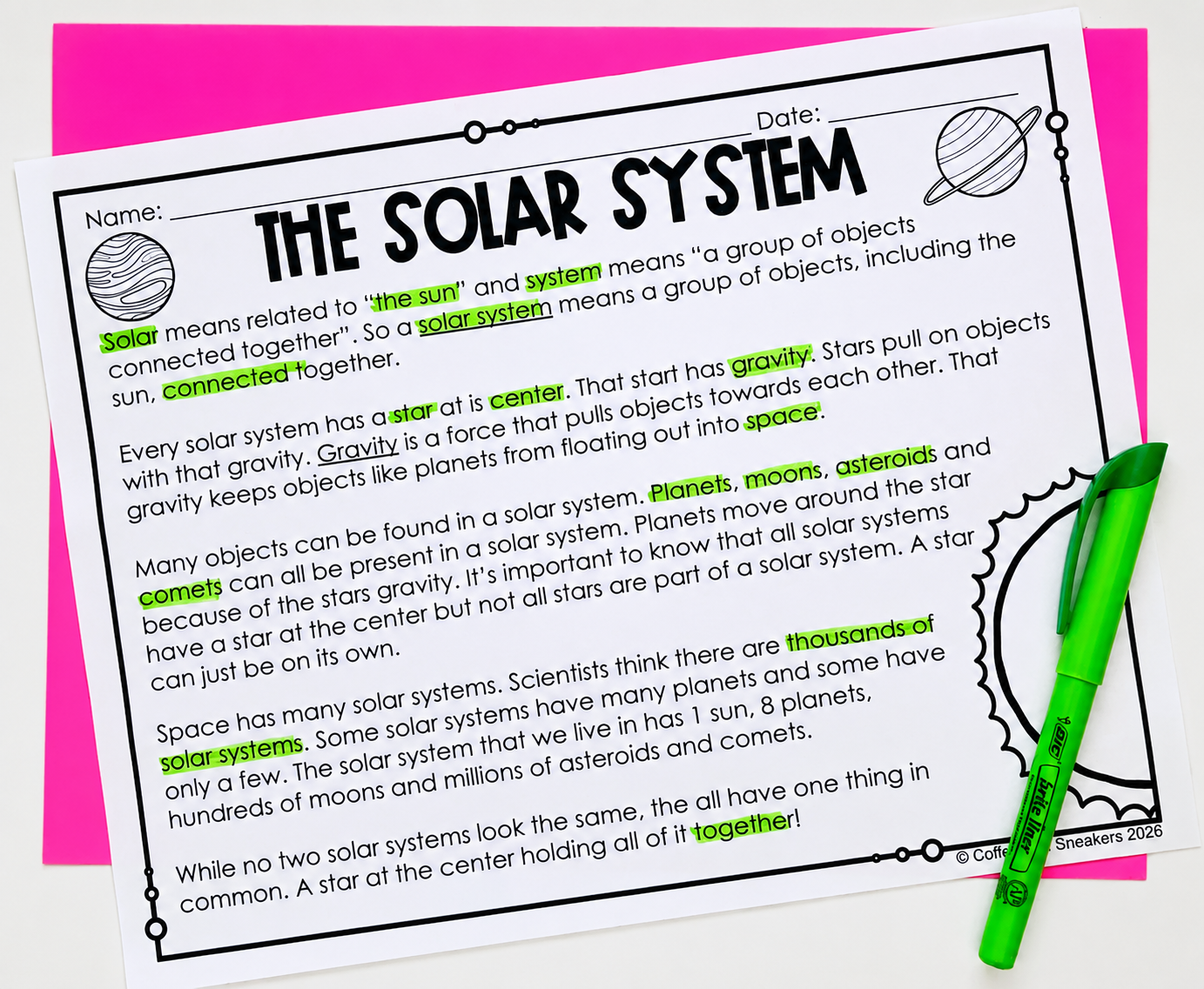 Image of a passage with key vocabulary words highlighted