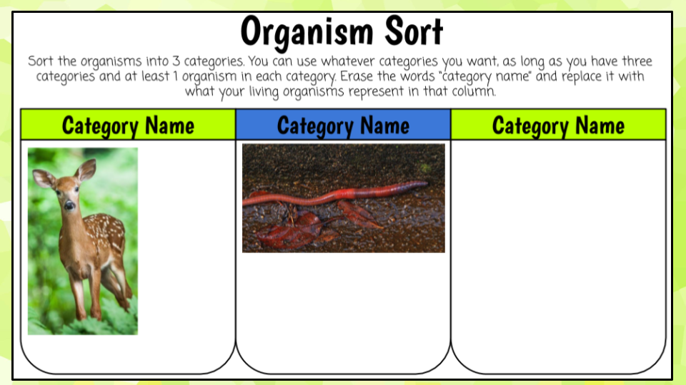 Example of a closed sort with types of organisms. 