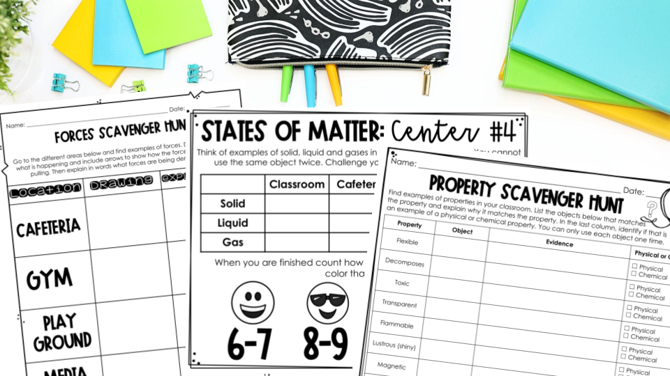 Example of scavenger hunt worksheets for matter and forces. 