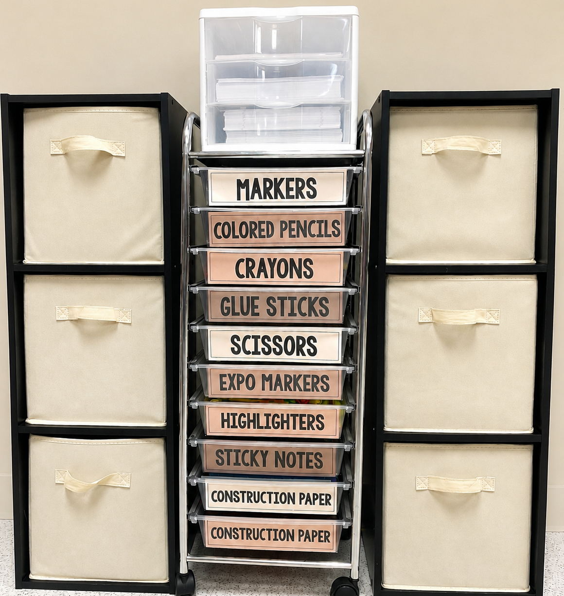 Photo of storage system for classroom supplies.