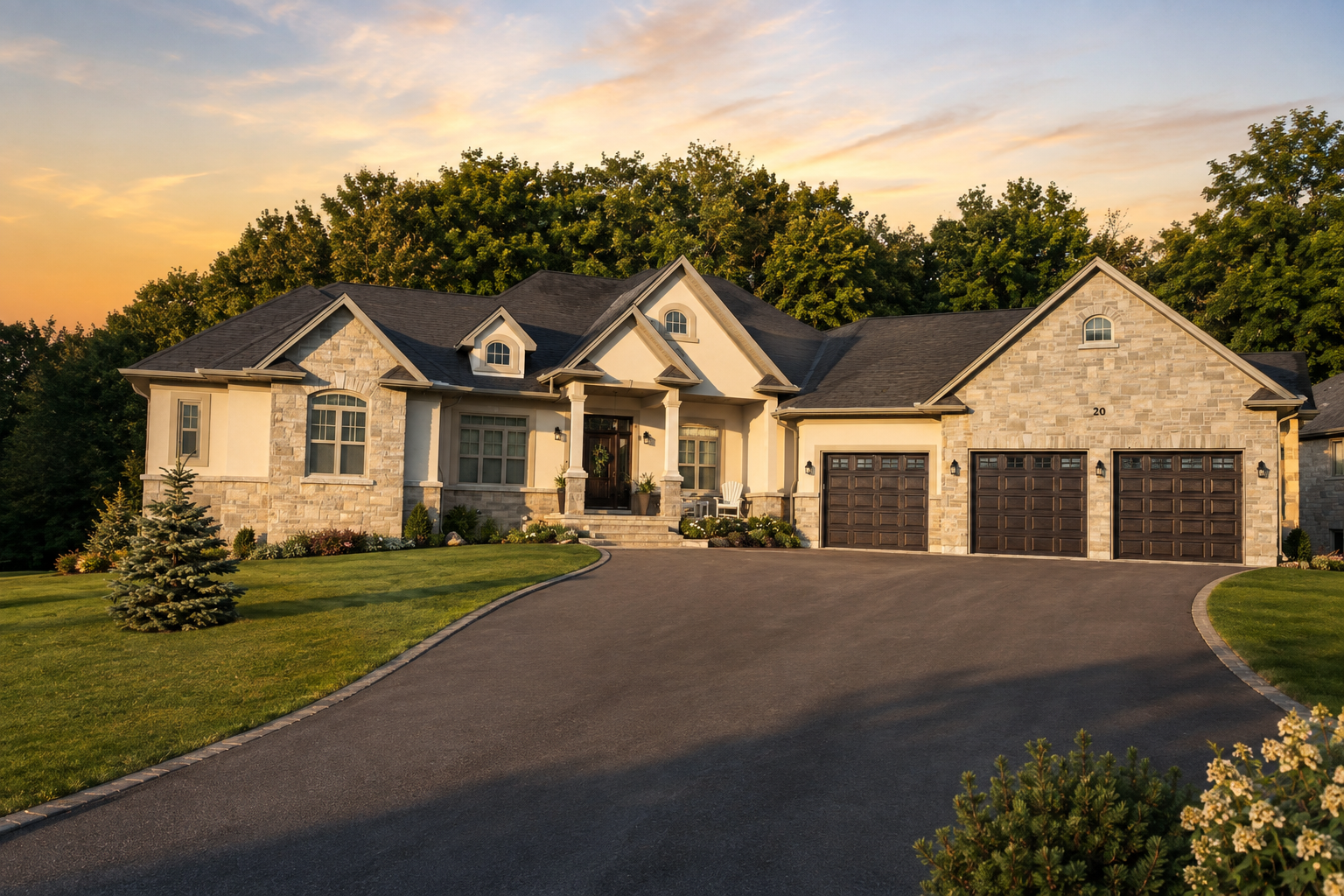 Large stone suburban house with a three-car garage at sunset, fronted by a curved driveway and lawn.