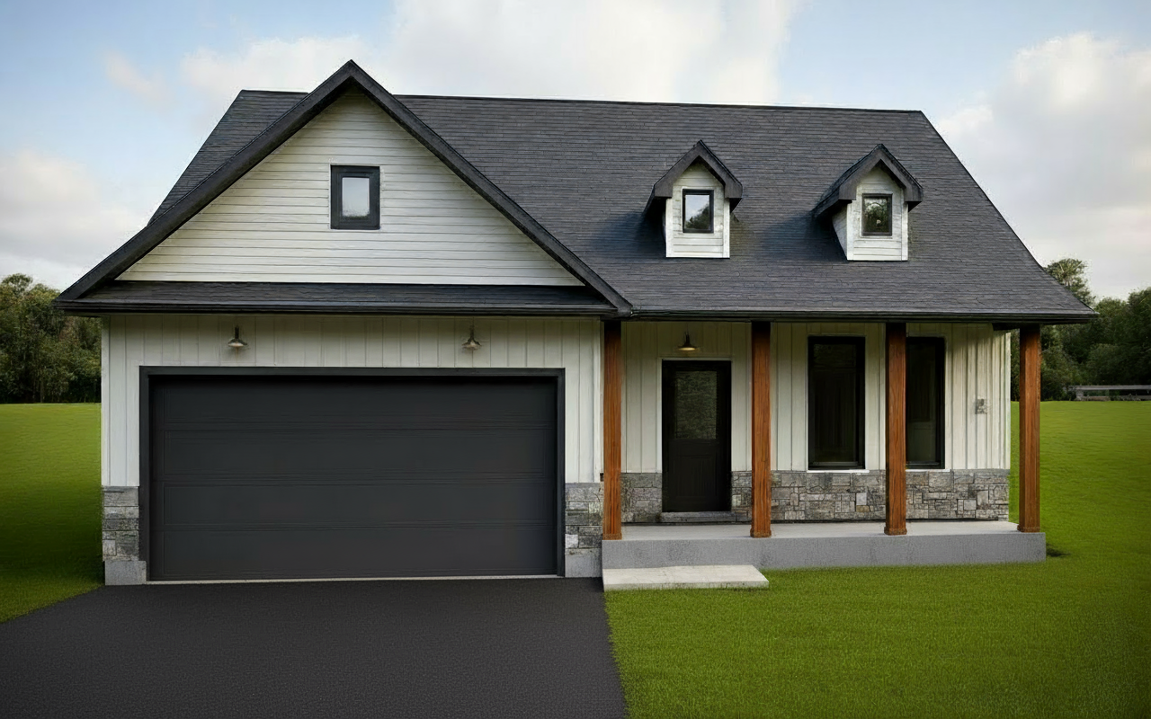 A modern one-story home with a garage, white board-and-batten siding, stone accents, and two roof dormers.