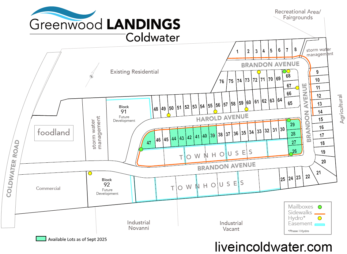 Site plan for Greenwood Landings in Coldwater, showing townhouses, residential lots, and streets in a labeled layout.