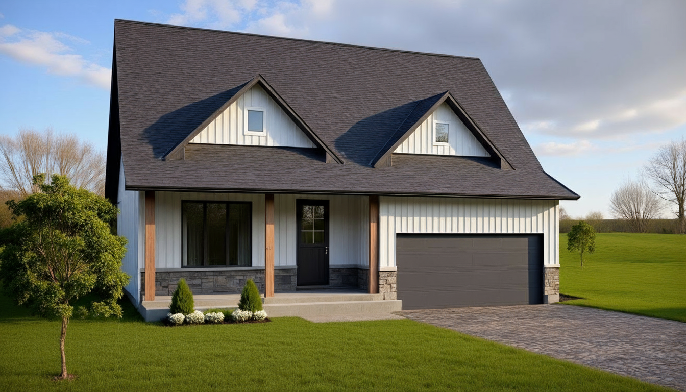 A modern two-story home with a steep gabled roof, white board-and-batten siding, stone accents, and an attached garage.