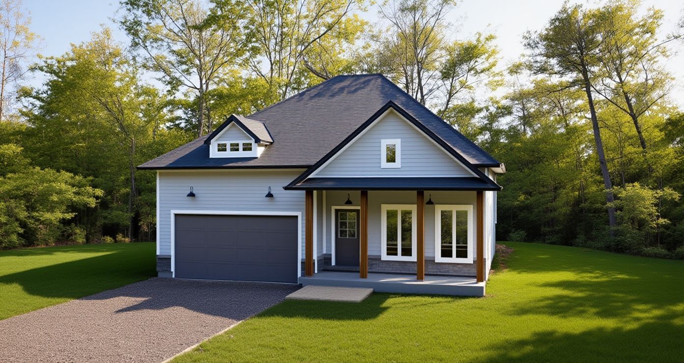 A light blue, single-story house with a dark garage, covered porch, and gabled roof, set in a grassy, wooded yard.